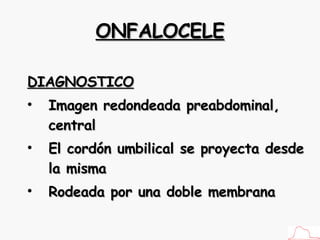 ONFALOCELE DIAGNOSTICO Imagen redondeada preabdominal, central El cordón umbilical se proyecta desde la misma Rodeada por una doble membrana 