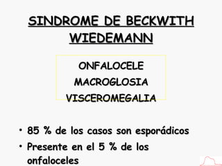 SINDROME DE BECKWITH WIEDEMANN ONFALOCELE MACROGLOSIA VISCEROMEGALIA 85 % de los casos son esporádicos Presente en el 5 % de los onfaloceles 