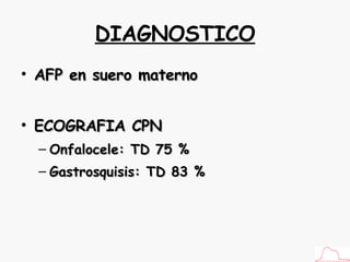DIAGNOSTICO AFP en suero materno ECOGRAFIA CPN Onfalocele: TD 75 % Gastrosquisis: TD 83 % 