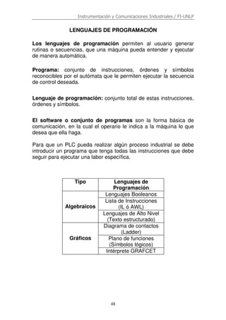 Instrumentación y Comunicaciones Industriales / FI-UNLP
48
LENGUAJES DE PROGRAMACIÓN
Los lenguajes de programación permiten al usuario generar
rutinas o secuencias, que una máquina pueda entender y ejecutar
de manera automática.
Programa: conjunto de instrucciones, órdenes y símbolos
reconocibles por el autómata que le permiten ejecutar la secuencia
de control deseada.
Lenguaje de programación: conjunto total de estas instrucciones,
órdenes y símbolos.
El software o conjunto de programas son la forma básica de
comunicación, en la cual el operario le indica a la máquina lo que
desea que ella haga.
Para que un PLC pueda realizar algún proceso industrial se debe
introducir un programa que tenga todas las instrucciones que debe
seguir para ejecutar una labor específica.
Tipo Lenguajes de
Programación
Lenguajes Booleanos
Lista de Instrucciones
(IL ó AWL)Algebraicos
Lenguajes de Alto Nivel
(Texto estructurado)
Diagrama de contactos
(Ladder)
Plano de funciones
(Símbolos lógicos)
Gráficos
Intérprete GRAFCET
 