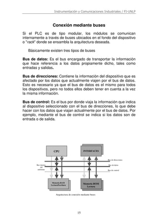 Instrumentación y Comunicaciones Industriales / FI-UNLP
15
Conexión mediante buses
Si el PLC es de tipo modular, los módulos se comunican
internamente a través de buses ubicados en el fondo del dispositivo
o "rack" donde se ensambla la arquitectura deseada.
Básicamente existen tres tipos de buses
Bus de datos: Es el bus encargado de transportar la información
que hace referencia a los datos propiamente dicho, tales como
entradas y salidas.
Bus de direcciones: Contiene la información del dispositivo que es
afectado por los datos que actualmente viajen por el bus de datos.
Esto es necesario ya que el bus de datos es el mismo para todos
los dispositivos, pero no todos ellos deben tener en cuenta a la vez
la misma información.
Bus de control: Es el bus por donde viaja la información que indica
al dispositivo seleccionado con el bus de direcciones, lo que debe
hacer con los datos que viajan actualmente por el bus de datos. Por
ejemplo, mediante el bus de control se indica si los datos son de
entrada o de salida.
Bus interno
del
autómata Bus de control
Bus de datos
Bus de direcciones
CPU INTERFACES
Memoria RAM
Lectura/Escritura
Memoria ROM
Lectura
Arquitectura de conexión mediante buses
 