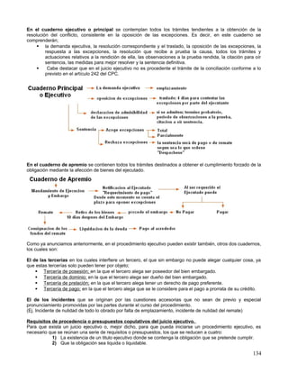 En el cuaderno ejecutivo o principal se contemplan todos los trámites tendientes a la obtención de la
resolución del conflicto, consistente en la oposición de las excepciones. Es decir, en este cuaderno se
comprenderán;
      la demanda ejecutiva, la resolución correspondiente y el traslado, la oposición de las excepciones, la
         respuesta a las excepciones, la resolución que recibe a prueba la causa, todos los trámites y
         actuaciones relativos a la rendición de ella, las observaciones a la prueba rendida, la citación para oír
         sentencia, las medidas para mejor resolver y la sentencia definitiva.
         Cabe destacar que en el juicio ejecutivo no es procedente el trámite de la conciliación conforme a lo
         previsto en el artículo 242 del CPC.




En el cuaderno de apremio se contienen todos los trámites destinados a obtener el cumplimiento forzado de la
obligación mediante la afección de bienes del ejecutado.




Como ya anunciamos anteriormente, en el procedimiento ejecutivo pueden existir también, otros dos cuadernos,
los cuales son:

El de las tercerías en los cuales interfiere un tercero, el que sin embargo no puede alegar cualquier cosa, ya
que estas tercerías solo pueden tener por objeto;
     Tercería de posesión; en la que el tercero alega ser poseedor del bien embargado.
     Tercería de dominio; en la que el tercero alega ser dueño del bien embargado.
     Tercería de prelación; en la que el tercero alega tener un derecho de pago preferente.
     Tercería de pago; en la que el tercero alega que se le considere para el pago a prorrata de su crédito.

El de los incidentes que se originan por las cuestiones accesorias que no sean de previo y especial
pronunciamiento promovidas por las partes durante el curso del procedimiento.
(Ej. Incidente de nulidad de todo lo obrado por falta de emplazamiento, incidente de nulidad del remate)

Requisitos de procedencia o presupuestos copulativos del juicio ejecutivo.
Para que exista un juicio ejecutivo o, mejor dicho, para que pueda iniciarse un procedimiento ejecutivo, es
necesario que se reúnan una serie de requisitos o presupuestos, los que se reducen a cuatro:
           1) La existencia de un titulo ejecutivo donde se contenga la obligación que se pretende cumplir.
           2) Que la obligación sea liquida o liquidable.

                                                                                                              134
 
