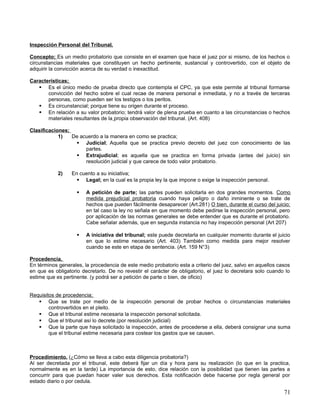 Inspección Personal del Tribunal.

Concepto; Es un medio probatorio que consiste en el examen que hace el juez por si mismo, de los hechos o
circunstancias materiales que constituyen un hecho pertinente, sustancial y controvertido, con el objeto de
adquirir la convicción acerca de su verdad o inexactitud.

Características;
    Es el único medio de prueba directo que contempla el CPC, ya que este permite al tribunal formarse
       convicción del hecho sobre el cual recae de manera personal e inmediata, y no a través de terceras
       personas, como pueden ser los testigos o los peritos.
    Es circunstancial; porque tiene su origen durante el proceso.
    En relación a su valor probatorio; tendrá valor de plena prueba en cuanto a las circunstancias o hechos
       materiales resultantes de la propia observación del tribunal. (Art. 408)

Clasificaciones;
            1)   De acuerdo a la manera en como se practica;
                   Judicial; Aquella que se practica previo decreto del juez con conocimiento de las
                      partes.
                   Extrajudicial; es aquella que se practica en forma privada (antes del juicio) sin
                      resolución judicial y que carece de todo valor probatorio.

            2)    En cuento a su iniciativa;
                     Legal; en la cual es la propia ley la que impone o exige la inspección personal.

                       A petición de parte; las partes pueden solicitarla en dos grandes momentos. Como
                        medida prejudicial probatoria cuando haya peligro o daño inminente o se trate de
                        hechos que pueden fácilmente desaparecer (Art.281) O bien, durante el curso del juicio;
                        en tal caso la ley no señala en que momento debe pedirse la inspección personal, pero
                        por aplicación de las normas generales se debe entender que es durante el probatorio.
                        Cabe señalar además, que en segunda instancia no hay inspección personal (Art 207)

                       A iniciativa del tribunal; este puede decretarla en cualquier momento durante el juicio
                        en que lo estime necesario (Art. 403) También como medida para mejor resolver
                        cuando se este en etapa de sentencia. (Art. 159 N°3)

Procedencia.
En términos generales, la procedencia de este medio probatorio esta a criterio del juez, salvo en aquellos casos
en que es obligatorio decretarlo. De no revestir el carácter de obligatorio, el juez lo decretara solo cuando lo
estime que es pertinente. (y podrá ser a petición de parte o bien, de oficio)


Requisitos de procedencia;
    Que se trate por medio de la inspección personal de probar hechos o circunstancias materiales
        controvertidos en el pleito.
    Que el tribunal estime necesaria la inspección personal solicitada.
    Que el tribunal así lo decrete.(por resolución judicial)
    Que la parte que haya solicitado la inspección, antes de procederse a ella, deberá consignar una suma
        que el tribunal estime necesaria para costear los gastos que se causen.



Procedimiento. (¿Cómo se lleva a cabo esta diligencia probatoria?)
Al ser decretada por el tribunal, este deberá fijar un día y hora para su realización (lo que en la practica,
normalmente es en la tarde) La importancia de esto, dice relación con la posibilidad que tienen las partes a
concurrir para que puedan hacer valer sus derechos. Esta notificación debe hacerse por regla general por
estado diario o por cedula.

                                                                                                             71
 
