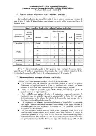 Facultad de Ciencias Exactas, Ingeniería y Agrimensura
Escuela de Ingeniería Eléctrica - DIBUJO ASISTIDO POR COMPUTADORA
Arq. Rubén Darío Morelli – Módulo CAD
Hoja 4 de 10
6. Número mínimo de circuitos en las viviendas –unitarias-
La instalación eléctrica del inmueble tendrá el tipo y número mínimo de circuitos de
acuerdo con el grado de electrificación determinado, según se indica a continuación en la
siguiente tabla:
Número mínimo de circuitos en las viviendas –unitarias-
Tipo de circuitos
Grado de
electrificación
Cantidad
mínima
de
circuitos
Variante IUG TUG IUE TUE
Circuito
de libre
elección
(1)
Mínimo 2 Única 1 1 --- --- ---
a) 1 1 1 --- ---
b) 1 1 --- 1 ---
c) 2 1 --- --- ---
Medio 3
d) 1 2 --- --- ---
Elevado 5 Única 2 2 --- 1 ---
Superior 6 Única 2 2 --- 1 1
Nota: (1)
Se adiciona el circuito de libre elección para completar el número mínimo
requerido por el grado de electrificación determinado. Se pueden utilizar cualquiera de los
circuitos tipificados en la tabla “Síntesis de los tipos de circuitos” de la página 2.
7. Número mínimo de puntos de utilización en viviendas.
Algunos criterios a tener en cuenta extractados de la Reglamentación:
• Se considera que las viviendas con superficie inferior a 130 m2
no poseen
dormitorios de superficie mayor a 36 m2
. Si este caso fuese factible, los puntos
mínimos de utilización serán tomados del grado de electrificación “elevado”.
• Para las viviendas conocidas como “loft” deberá considerarse el grado de
electrificación de su superficie total.
• Los ventiladores de techo o extractores de aire podrán cargarse a los circuitos de
iluminación para uso general o especial, ya sea conectados en forma fija o por medio
de tomacorrientes. A los efectos del cálculo de la demanda, cada uno de ellos se
computará como una boca de iluminación.
• Se considera como toilette a un cuarto de baño que no posee bañera o receptáculo
para ducha. En estos ambientes el tomacorriente requerido en los puntos mínimos de
utilización podrá cargarse al circuito de iluminación. Ver requisitos en Parte 7,
Sección 701 del Reglamento.
• Si fuese necesario instalar bocas de salida mixtas (interruptor de un efecto y un
tomacorriente), el tomacorriente de las mismas deberá estar conectado al circuito de
iluminación presente en la caja. A los efectos del cálculo de la demanda de potencia
máxima simultánea, debe asignarse el valor indicado en tabla para “Iluminación para
uso general con tomacorrientes derivados”, cuyo valor mínimo es de 2200 VA por
 