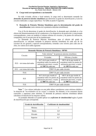 Facultad de Ciencias Exactas, Ingeniería y Agrimensura
Escuela de Ingeniería Eléctrica - DIBUJO ASISTIDO POR COMPUTADORA
Arq. Rubén Darío Morelli – Módulo CAD
Hoja 6 de 10
8. Carga total correspondiente a un inmueble
En toda vivienda, oficina o local unitario, la carga total se determinará sumando las
demandas de potencia máxima simultánea que determine el grado de electrificación y la de los
circuitos dedicados a cargas específicas. Ver tabla en punto 8 siguiente.
9. Demanda de Potencia Máxima Simultánea para la determinación del grado de
electrificación (valor mínimo de la potencia máxima simultánea)
Con el fin de determinar el grado de electrificación, la demanda aquí calculada es a los
efectos del dimensionamiento de los conductores y los dispositivos de protección y conexionado
correspondientes, como así también el número mínimo de circuitos y de puntos de utilización,
compatibles con el uso previsto de las instalaciones.
La Demanda de Potencia Máxima Simultánea, para el cálculo del grado de
electrificación, se calculará sumando la potencia máxima simultánea de cada uno de los
circuitos de uso general y especial correspondientes, tomando como mínimo para cada uno de
ellos, los valores de la tabla siguiente:
Demanda Máxima de Potencia Simultánea - DPMS
Valor mínimo(1)
de potencia máxima simultánea
Circuito
Viviendas Oficinas y locales
IUG – sin tomas derivados
66 % de la que resulte al
considerar todos los puntos de
utilización previstos, a razón
de 150 VA cada uno
100 % de la que resulte al
considerar todos los puntos de
utilización previstos, a razón
de 150 VA cada uno
IUG – con tomas derivados 2200 VA por cada circuito
TUG 2200 VA por cada circuito
IUE
66 % de la que resulte al
considerar todos los puntos de
utilización previstos, a razón
de 500 VA cada uno
100 % de la que resulte al
considerar todos los puntos de
utilización previstos, a razón
de 500 VA cada uno
TUE 3300 VA por cada circuito
Nota (1)
: Los valores indicados en esta tabla deben considerarse como mínimos debido a
la situación de “incertidumbre de las cargas” a conectar. No obstante, si los consumos fueran
conocidos y superasen estos mínimos, la demanda de potencia máxima simultánea deberá
calcularse en función de los mayores valores.
Al resultado obtenido se le podrá aplicar un coeficiente de simultaneidad según el grado
de electrificación que corresponda:
Grado de electrificación Coeficiente de simultaneidad
Mínimo 1
Medio 0,9
Elevado 0,8
Superior 0,7
 