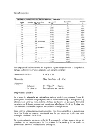 Ejemplo numérico:
Para explicar el funcionamiento del oligopolio y para compararlo con la competencia
perfecta y el monopolio vamos a recurrir a un ejemplo numérico:
Competencia Perfecta: P = CM = 20
Monopolio: Max. Beneficios ⇒ P > CM
Oligopolio:
- Colusivo: Q = 90Kw, P = 110 euros
- No colusivo: los precios no son estables.
Oligopolio no colusivo:
En el caso del oligopolio no colusorio no existen predicciones generales firmes. El
precio puede situarse en cualquier punto entre el nivel competitivo y el monopolístico, y
además puede variar de forma notable a lo largo del tiempo. Lo que ocurra dependerá
esencialmente de lo que suponga cada participante sobre la reacción de los demás o más
concretamente de cómo las empresas interaccionan estratégicamente.
Cada empresa actúa para maximizar sus propios beneficios partiendo de lo que cree que
harán los demás; en general, reaccionará ante lo que hagan sus rivales con unas
estrategias similares a las de éstos.
La competencia entre un número reducido de empresas les obliga a tener en cuenta las
reacciones de las competidoras a las desviaciones de los precios y de los niveles de
producción e introduce consideraciones estratégicas.
 