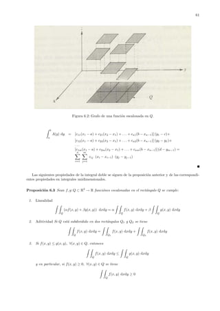 61
Figura 6.2: Grafo de una funci´on escalonada en Q.
b
a
A(y) dy = [c11(x1 − a) + c21(x2 − x1) + . . . + cn1(b − xn−1)] (y1 − c)+
[c12(x1 − a) + c22(x2 − x1) + . . . + cn2(b − xn−1)] (y2 − y1)+
. . .
[c1m(x1 − a) + c2m(x2 − x1) + . . . + cnm(b − xn−1)] (d − ym−1) =
n
i=1
m
j=1
cij (xi − xi−1) (yj − yj−1)
Las siguientes propiedades de la integral doble se siguen de la proposici´on anterior y de las correspondi-
entes propiedades en integrales unidimensionales.
Proposici´on 6.3 Sean f, g: Q ⊂ R2
→ R funci´ones escalonadas en el rect´angulo Q se cumple:
1. Linealidad
Q
(αf(x, y) + βg(x, y)) dxdy = α
Q
f(x, y) dxdy + β
Q
g(x, y) dxdy
2. Aditividad Si Q est´a subdividido en dos rect´angulos Q1 y Q2 se tiene
Q
f(x, y) dxdy =
Q1
f(x, y) dxdy +
Q2
f(x, y) dxdy
3. Si f(x, y) ≤ g(x, y), ∀(x, y) ∈ Q, entonces
Q
f(x, y) dxdy ≤
Q
g(x, y) dxdy
y en particular, si f(x, y) ≥ 0, ∀(x, y) ∈ Q se tiene
Q
f(x, y) dxdy ≥ 0
 