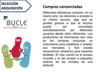 SELECCIÓN
ADQUISICIÓN Compras consorciadas
Diferentes bibliotecas compran, en un
mismo acto, los derechos a acceder a
un mismo recurso, algo que es
posible gracias a que el recurso
puede ser consultado
simultáneamente por diferentes
usuarios desde sitios diferentes. Los
productores de información han visto
en las compras conjuntas un
instrumento para estabilizar o ampliar
sus mercados y han creado
mecanismos atractivos para hacerlas
factibles. El más común es el acceso
cruzado y el del acceso a paquetes
enteros de las revistas de una
editorial.
 