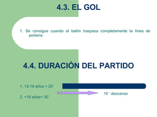4.3. EL GOL 1. Se consigue cuando el balón traspasa completamente la línea de portería   4.4. DURACIÓN DEL PARTIDO 1. 12-16 años = 25’ 2. +16 años= 30’   10 ‘ descanso   