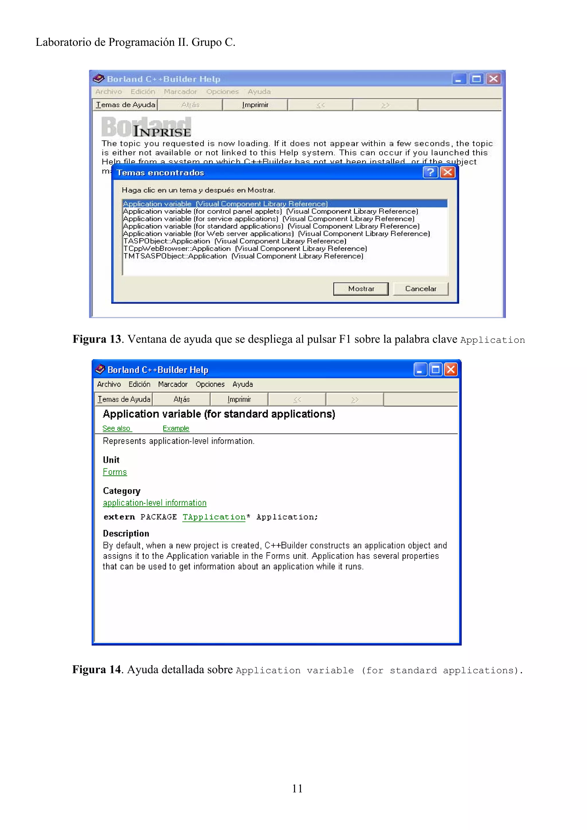 Laboratorio de Programación II. Grupo C.




       Figura 13. Ventana de ayuda que se despliega al pulsar F1 sobre la palabra clave Application




       Figura 14. Ayuda detallada sobre Application variable (for standard applications).




                                                   11
 