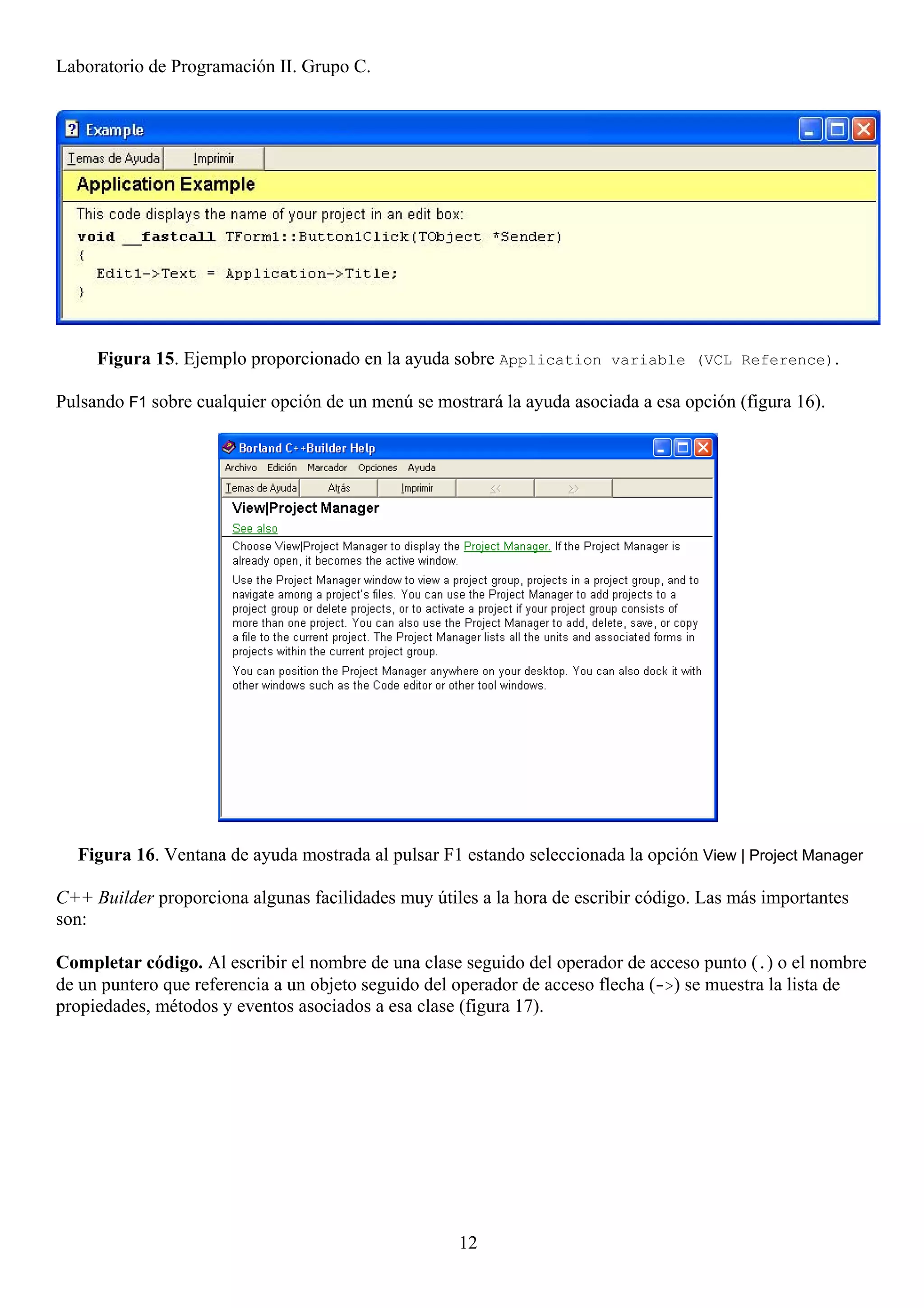 Laboratorio de Programación II. Grupo C.




     Figura 15. Ejemplo proporcionado en la ayuda sobre Application variable (VCL Reference).

Pulsando F1 sobre cualquier opción de un menú se mostrará la ayuda asociada a esa opción (figura 16).




  Figura 16. Ventana de ayuda mostrada al pulsar F1 estando seleccionada la opción View | Project Manager

C++ Builder proporciona algunas facilidades muy útiles a la hora de escribir código. Las más importantes
son:

Completar código. Al escribir el nombre de una clase seguido del operador de acceso punto (.) o el nombre
de un puntero que referencia a un objeto seguido del operador de acceso flecha (->) se muestra la lista de
propiedades, métodos y eventos asociados a esa clase (figura 17).




                                                    12
 