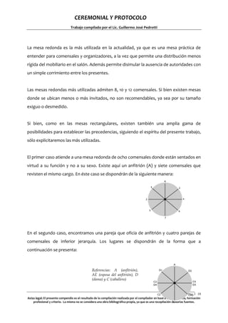 CEREMONIAL Y PROTOCOLO
Trabajo compilado por el Lic. Guillermo José Pedrotti

La mesa redonda es la más utilizada en la actualidad, ya que es una mesa práctica de
entender para comensales y organizadores, a la vez que permite una distribución menos
rígida del mobiliario en el salón. Además permite disimular la ausencia de autoridades con
un simple corrimiento entre los presentes.

Las mesas redondas más utilizadas admiten 8, 10 y 12 comensales. Si bien existen mesas
donde se ubican menos o más invitados, no son recomendables, ya sea por su tamaño
exiguo o desmedido.

Si bien, como en las mesas rectangulares, existen también una amplia gama de
posibilidades para establecer las precedencias, siguiendo el espíritu del presente trabajo,
sólo explicitaremos las más utilizadas.

El primer caso atiende a una mesa redonda de ocho comensales donde están sentados en
virtud a su función y no a su sexo. Existe aquí un anfitrión (A) y siete comensales que
revisten el mismo cargo. En éste caso se dispondrán de la siguiente manera:

En el segundo caso, encontramos una pareja que oficia de anfitrión y cuatro parejas de
comensales de inferior jerarquía. Los lugares se dispondrán de la forma que a
continuación se presenta:

Referencias: A (anfitrión),
AE (esposa del anfitrión), D
(dama) y C (caballero)

Pág.1 18
8
Aviso legal: El presente compendio es el resultado de la compilación realizada por el compilador en basé a su experiencia, formación
profesional y criterio. La misma no se considera una obra bibliográfica propia, ya que es una recopilación de varias fuentes.

 