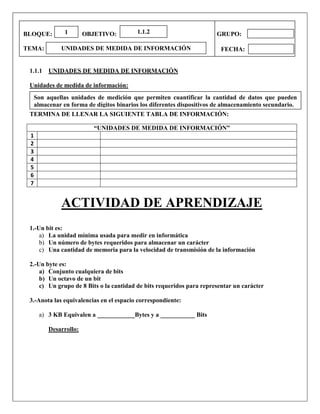 BLOQUE: OBJETIVO: GRUPO: 
TEMA: 
FECHA: 
1.1.1 UNIDADES DE MEDIDA DE INFORMACIÓN 
Unidades de medida de información: 
TERMINA DE LLENAR LA SIGUIENTE TABLA DE INFORMACIÓN: 
ACTIVIDAD DE APRENDIZAJE 
1.-Un bit es: 
a) La unidad mínima usada para medir en informática 
b) Un número de bytes requeridos para almacenar un carácter 
c) Una cantidad de memoria para la velocidad de transmisión de la información 
2.-Un byte es: 
a) Conjunto cualquiera de bits 
b) Un octavo de un bit 
c) Un grupo de 8 Bits o la cantidad de bits requeridos para representar un carácter 
3.-Anota las equivalencias en el espacio correspondiente: 
a) 3 KB Equivalen a ____________Bytes y a ___________ Bits 
Desarrollo: 
“UNIDADES DE MEDIDA DE INFORMACIÓN” 
1 
2 
3 
4 
5 
6 
7 
1 
UNIDADES DE MEDIDA DE INFORMACIÓN 
1.1.2 
Son aquellas unidades de medición que permiten cuantificar la cantidad de datos que pueden almacenar en forma de dígitos binarios los diferentes dispositivos de almacenamiento secundario. 
 