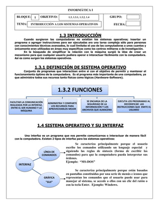 BLOQUE: OBJETIVO: GRUPO: 
TEMA: 
1.3.2 FUNCIONES 
FACILITAR LA COMUNICACIÓN REALIZADA POR LA INTERFAZ, ENTRE EL SER HUMANO Y LA MÁQUINA 
ADMINISTRA Y COMPARTE LOS RECURSOS PARA APROVECHARLOS MEJOR 
SE ENCARGA DE LA SEGURIDAD DE LA INFORMACIÓN Y LOS ARCHIVOS QUE ALMACENA 
EJECUTA LOS PROGRAMAS AL DECODIFICAR LAS INSTRUCCIONES QUE EMITE EL USUARIO 
INTERFAZ 
LÍNEA DE COMANDOS 
GRÁFICA 
"GUI" 
Se caracteriza principalmente porque el usuario escribe los comandos utilizando un lenguaje especial y siguiendo las reglas de sintaxis (forma de escribir los comandos) para que la computadora pueda interpretar sus órdenes. 
Ejemplo: “MS-DOS” 
Se caracteriza principalmente porque están basados en pantallas constituidas por una serie de menús e iconos que representan los comandos que el usuario puede usar para manejar al sistema, se accede a ellos con un clic del ratón o con la tecla Enter. Ejemplo: Windows. 
INFORMÁTICA I 
FECHA: 
1.3 INTRODUCCIÓN 
Cuando surgieron las computadoras no existían los sistemas operativos; insertar un programa o agregar instrucciones para ser ejecutadas era una tarea compleja sólo para personas con conocimientos técnicos avanzados, lo cual limitaba el uso de las computadoras a unos cuantos y únicamente eran utilizadas en áreas muy específicas como los centros militares o de investigación. 
En la búsqueda de simplificar la relación con la máquina surgió la idea de crear un mecanismo para que cualquier usuario pudiera operar e interactuar fácilmente con la computadora. Así es como surgen los sistemas operativos. 
1.3.1 DEFINICIÓN DE SISTEMA OPERATIVO 
Conjunto de programas que interactúan entre si con el objetivo de permitir y mantener el funcionamiento óptimo de la computadora. Es el programa más importante de una computadora, ya que administra todos sus recursos tanto físicos como lógicos (Hardware-Software). 
1.4 SISTEMA OPERATIVO Y SU INTERFAZ 
Una interfaz es un programa que nos permite comunicarnos o interactuar de manera fácil con la computadora. Existen 2 tipos de interfaz para los sistemas operativos: 
1 
INTRODUCCIÓN A LOS SISTEMAS OPERATIVOS 
1.3, 1.3.1, 1.3.2, 1.4  