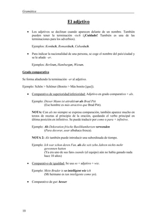 Gramática


                                      El adjetivo

     •   Los adjetivos se declinan cuando aparecen delante de un nombre. También
         pueden tener la terminación -isch (¡Cuidado! También es una de las
         terminaciones para los adverbios).

         Ejemplos: Komisch, Romantisch, Cubanisch.

     •   Para indicar la nacionalidad de una persona, se coge el nombre del país/ciudad y
         se le añade –er.

         Ejemplos: Berliner, Hamburger, Wiener.

Grado comparativo

Se forma añadiendo la terminación –er al adjetivo.

Ejemplo: Schön > Schöner (Bonito > Más bonito [que]).

     •   Comparativo de superioridad/inferioridad: Adjetivo en grado comparativo + als.

         Ejemplo: Dieser Mann ist attraktiver als Brad Pitt
                  (Ese hombre es más atractivo que Brad Pitt).

         NOTA: Con als no siempre se expresa comparación, también aparece mucho en
         textos de recetas al principio de la oración, quedando el verbo principal en
         última posición en infinitivo. Se puede traducir por como o para + infinitvo.

         Ejemplo: Als Dekoration frische Basilikumherzen verwenden
                  (Para decorar, usar albahaca fresca).

         NOTA 2: Als también puede introducir una subordinada de tiempo.

         Ejemplo: Ich war schon deren Fan, als die seit zehn Jahren nichts mehr
                  gewonnen hatten
                  (Ya era uno de sus fans cuando (el equipo) aún no había ganado nada
                  hace 10 años)

     •   Comparativo de igualdad: Se usa so + adjetivo + wie.

         Ejemplo: Mein Bruder is so intelligent wie ich
                  (Mi hermano es tan inteligente como yo).

     •   Comparativo de gut: besser




10
 