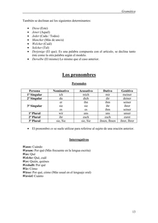 Gramática

También se declinan así los siguientes determinantes:

   •   Diese (Este)
   •   Jener (Aquel)
   •   Jeder (Cada / Todos)
   •   Mancher (Más de uno/a)
   •   Welcher (Cuál)
   •   Solcher (Tal)
   •   Derjenige (El que). Es una palabra compuesta con el artículo, se declina tanto
       éste como la otra palabra según el modelo.
   •   Derselbe (El mismo) Lo mismo que el caso anterior.




                               Los pronombres
                                       Personales

    Persona            Nominativo            Acusativo           Dativo        Genitivo
   1ª Singular             ich                 mich                mir          meiner
   2ª Singular              du                  dich               dir          deiner
                            er                  ihn               ihm            seiner
   3ª Singular             sie                   sie               ihr            ihrer
                            es                   es               ihm            seiner
    1ª Plural              wir                  uns                uns           unser
    2ª Plural              ihr                 euch               euch           eurer
    3ª Plural            sie, Sie             sie, Sie        ihnen, Ihnen    ihrer, Ihrer

   •   El pronombre es se suele utilizar para referirse al sujeto de una oración anterior.


                                     Interrogativos

Wann: Cuándo
Warum: Por qué (Más frecuente en la lengua escrita)
Was: Qué
Welche: Qué, cuál
Wer: Quién, quiénes
Weshalb: Por qué
Wie: Cómo
Wieso: Por qué, cómo (Más usual en el lenguaje oral)
Wieviel: Cuánto




                                                                                        13
 