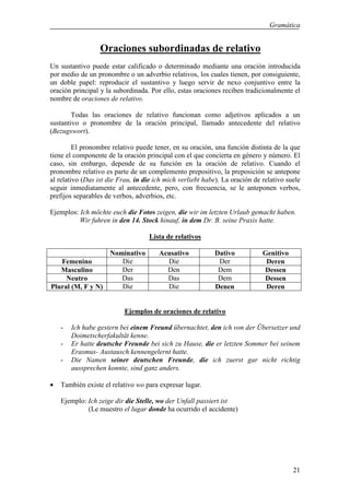 Gramática


                  Oraciones subordinadas de relativo
Un sustantivo puede estar calificado o determinado mediante una oración introducida
por medio de un pronombre o un adverbio relativos, los cuales tienen, por consiguiente,
un doble papel: reproducir el sustantivo y luego servir de nexo conjuntivo entre la
oración principal y la subordinada. Por ello, estas oraciones reciben tradicionalmente el
nombre de oraciones de relativo.

        Todas las oraciones de relativo funcionan como adjetivos aplicados a un
sustantivo o pronombre de la oración principal, llamado antecedente del relativo
(Bezugswort).

         El pronombre relativo puede tener, en su oración, una función distinta de la que
tiene el componente de la oración principal con el que concierta en género y número. El
caso, sin embargo, depende de su función en la oración de relativo. Cuando el
pronombre relativo es parte de un complemento prepositivo, la preposición se antepone
al relativo (Das ist die Frau, in die ich mich verliebt habe). La oración de relativo suele
seguir inmediatamente al antecedente, pero, con frecuencia, se le anteponen verbos,
prefijos separables de verbos, adverbios, etc.

Ejemplos: Ich möchte euch die Fotos zeigen, die wir im letzten Urlaub gemacht haben.
          Wir fuhren in den 14. Stock hinauf, in dem Dr. B. seine Praxis hatte.

                                    Lista de relativos

                     Nominativo        Acusativo           Dativo            Genitivo
   Femenino             Die              Die                Der               Deren
   Masculino            Der              Den                Dem              Dessen
     Neutro             Das              Das                Dem              Dessen
Plural (M, F y N)       Die              Die               Denen              Deren


                           Ejemplos de oraciones de relativo

    -   Ich habe gestern bei einem Freund übernachtet, den ich von der Übersetzer und
        Doimetscherfakultät kenne.
    -   Er hatte deutsche Freunde bei sich zu Hause, die er letzten Sommer bei seinem
        Erasmus- Austausch kennengelernt hatte.
    -   Die Namen seiner deutschen Freunde, die ich zuerst gar nicht richtig
        aussprechen konnte, sind ganz anders.

•   También existe el relativo wo para expresar lugar.

    Ejemplo: Ich zeige dir die Stelle, wo der Unfall passiert ist
             (Le muestro el lugar donde ha ocurrido el accidente)




                                                                                        21
 