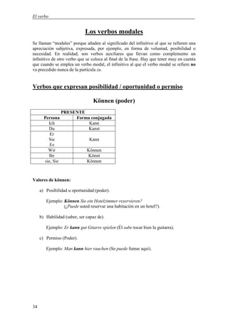 El verbo


                             Los verbos modales
Se llaman “modales” porque añaden al significado del infinitivo al que se refieren una
apreciación subjetiva, expresada, por ejemplo, en forma de voluntad, posibilidad o
necesidad. En realidad, son verbos auxiliares que llevan como complemento un
infinitivo de otro verbo que se coloca al final de la frase. Hay que tener muy en cuenta
que cuando se emplea un verbo modal, el infinitivo al que el verbo modal se refiere no
va precedido nunca de la partícula zu.


Verbos que expresan posibilidad / oportunidad o permiso

                                 Können (poder)
                  PRESENTE
       Persona         Forma conjugada
         Ich                Kann
         Du                 Kanst
          Er
         Sie                   Kann
          Es
         Wir                  Können
         Ihr                  Könnt
       sie, Sie               Können



Valores de können:

     a) Posibilidad u oportunidad (poder).

        Ejemplo: Können Sie ein Hotelzimmer reservieren?
                 (¿Puede usted reservar una habitación en un hotel?).

     b) Habilidad (saber, ser capaz de).

        Ejemplo: Er kann gut Gitarre spielen (Él sabe tocar bien la guitarra).

     c) Permiso (Poder).

        Ejemplo: Man kann hier rauchen (Se puede fumar aquí).




34
 