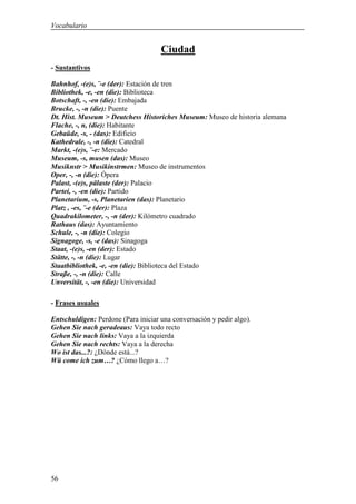 Vocabulario


                                     Ciudad
- Sustantivos

Bahnhof, -(e)s, ¨-e (der): Estación de tren
Bibliothek, -e, -en (die): Biblioteca
Botschaft, -, -en (die): Embajada
Brucke, -, -n (die): Puente
Dt. Hist. Museum > Deutchess Historiches Museum: Museo de historia alemana
Flache, -, n, (die): Habitante
Gebaüde, -s, - (das): Edificio
Kathedrale, -, -n (die): Catedral
Markt, -(e)s, ¨-e: Mercado
Museum, -s, musen (das): Museo
Musiknstr > Musikinstrmen: Museo de instrumentos
Oper, -, -n (die): Ópera
Palast, -(e)s, pälaste (der): Palacio
Partei, -, -en (die): Partido
Planetarium, -s, Planetarien (das): Planetario
Platz , -es, ¨-e (der): Plaza
Quadrakilometer, -, -n (der): Kilómetro cuadrado
Rathaus (das): Ayuntamiento
Schule, -, -n (die): Colegio
Signagoge, -s, -e (das): Sinagoga
Staat, -(e)s, -en (der): Estado
Stätte, -, -n (die): Lugar
Staatbibliothek, -e, -en (die): Biblioteca del Estado
Straße, -, -n (die): Calle
Unversität, -, -en (die): Universidad

- Frases usuales

Entschuldigen: Perdone (Para iniciar una conversación y pedir algo).
Gehen Sie nach geradeaus: Vaya todo recto
Gehen Sie nach links: Vaya a la izquierda
Gehen Sie nach rechts: Vaya a la derecha
Wo ist das...?: ¿Dónde está...?
Wü come ich zum…? ¿Cómo llego a…?




56
 