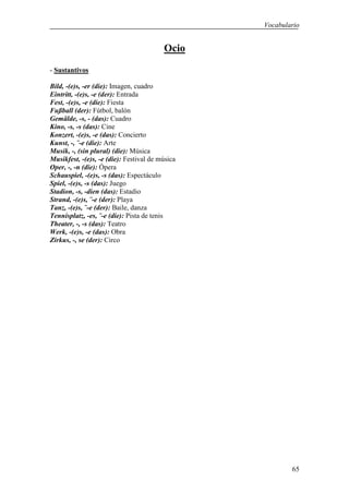 Vocabulario


                                         Ocio
- Sustantivos

Bild, -(e)s, -er (die): Imagen, cuadro
Eintritt, -(e)s, -e (der): Entrada
Fest, -(e)s, -e (die): Fiesta
Fußball (der): Fútbol, balón
Gemälde, -s, - (das): Cuadro
Kino, -s, -s (das): Cine
Konzert, -(e)s, -e (das): Concierto
Kunst, -, ¨-e (die): Arte
Musik, -, (sin plural) (die): Música
Musikfest, -(e)s, -e (die): Festival de música
Oper, -, -n (die): Ópera
Schauspiel, -(e)s, -s (das): Espectáculo
Spiel, -(e)s, -s (das): Juego
Stadion, -s, -dien (das): Estadio
Strand, -(e)s, ¨-e (der): Playa
Tanz, -(e)s, ¨-e (der): Baile, danza
Tennisplatz, -es, ¨-e (die): Pista de tenis
Theater, -, -s (das): Teatro
Werk, -(e)s, -e (das): Obra
Zirkus, -, se (der): Circo




                                                         65
 