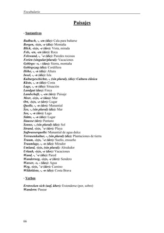 Vocabulario


                                       Paisajes
- Sustantivos

Badbuch, -, -en (die): Cala para bañarse
Bergen, -(e)s, -e (die): Montaña
Blick, -(e)s, -e (der): Vista, mirada
Fels, -en, -en (der): Roca
Felswand, -, ¨-e (die): Paredes rocosas
Ferien (singular/plural): Vacaciones
Gebirge: -s, - (das): Sierra, montaña
Gebirgszug (die): Cordillera
Höhe, -, -n (die): Altura
Insel, -, -n (die): Isla
Kulturgeschichte, -, (sin plural), (die): Cultura clásica
Küste, -, -n (die): Costa
Lage, -, -n (die): Situación
Landgut (das): Finca
Landschaft, -, -en (der): Paisaje
Meer, -(e)s, -e (das): Mar
Ort, -(e)s, -e (der): Lugar
Quelle, -, -n (der): Manantial
See, -, (sin plural) (die): Mar
See, -, -n (der): Lago
Stätte, -, -n (die): Lugar
Stausse (der): Pantano
Sonne, -, (sin plural) (die): Sol
Strand, -(e)s, ¨-e (der): Playa
Sußwasserquelle: Manantial de agua dulce
Terrasenkultur, -, (sin plural) (die): Plantaciones de tierra
Traum, -(e)s, ¨-e (der): Sueño, ensueño
Traumlage, -, -n (die): Mirador
Umland, -(e)s, (sin plural): Alrededor
Urlaub, -(e)s, -e (der): Vacaciones
Wand, -, ¨-e (die): Pared
Wanderweg, -(e)s, -e (der): Sendero
Wasser, -s, - (das): Agua
Weg, -(e)s, ¨-e (der): Camino
Wildeküste, -, -n (die): Costa Brava

- Verbos

Erstrecken sich (auf, über): Extenderse (por, sobre)
Wandern: Pasear




66
 