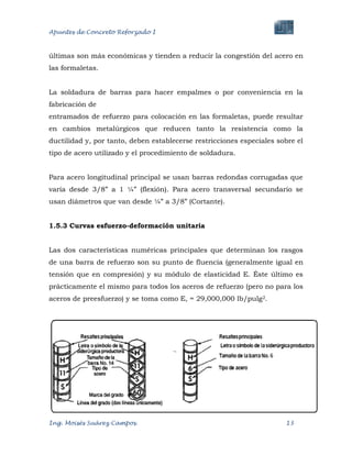 Apuntes de Concreto Reforzado I
Ing. Moisés Suárez Campos. 13
últimas son más económicas y tienden a reducir la congestión del acero en
las formaletas.
La soldadura de barras para hacer empalmes o por conveniencia en la
fabricación de
entramados de refuerzo para colocación en las formaletas, puede resultar
en cambios metalúrgicos que reducen tanto la resistencia como la
ductilidad y, por tanto, deben establecerse restricciones especiales sobre el
tipo de acero utilizado y el procedimiento de soldadura.
Para acero longitudinal principal se usan barras redondas corrugadas que
varía desde 3/8” a 1 ¼” (flexión). Para acero transversal secundario se
usan diámetros que van desde ¼” a 3/8” (Cortante).
1.5.3 Curvas esfuerzo-deformación unitaria
Las dos características numéricas principales que determinan los rasgos
de una barra de refuerzo son su punto de fluencia (generalmente igual en
tensión que en compresión) y su módulo de elasticidad E. Éste último es
prácticamente el mismo para todos los aceros de refuerzo (pero no para los
aceros de preesfuerzo) y se toma como E, = 29,000,000 lb/pulg2.
 