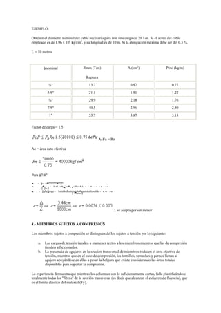 EJEMPLO:
Obtener el diámetro nominal del cable necesario para izar una carga de 20 Ton. Si el acero del cable
empleado es de 1.96 x 106
kg/cm2
, y su longitud es de 10 m. Si la elongación máxima debe ser del 0.5 %.
L = 10 metros
nominal Rmm (Ton)
Ruptura
A (cm2
) Peso (kg/m)
½" 13.2 0.97 0.77
5/8" 21.1 1.51 1.22
¾" 29.9 2.18 1.76
7/8" 40.5 2.96 2.40
1" 53.7 3.87 3.13
Factor de carga = 1.5
AeFu = Rn
Ae = área neta efectiva
Para 7/8"
 se acepta por ser menor
4.- MIEMBROS SUJETOS A COMPRESION
Los miembros sujetos a compresión se distinguen de los sujetos a tensión por lo siguiente:
a. Las cargas de tensión tienden a mantener rectos a los miembros mientras que las de compresión
tienden a flexionarlas.
b. La presencia de agujeros en la sección transversal de miembros reducen el área efectiva de
tensión, mientras que en el caso de compresión, los tornillos, remaches y pernos llenan al
agujero apoyándose en ellas a pesar la holgura que existe considerando las áreas totales
disponibles para soportar la compresión.
La experiencia demuestra que mientras las columnas son lo suficientemente cortas, falla plastificándose
totalmente todas las "fibras" de la sección transversal (es decir que alcanzan el esfuerzo de fluencia), que
es el límite elástico del material (Fy).
 