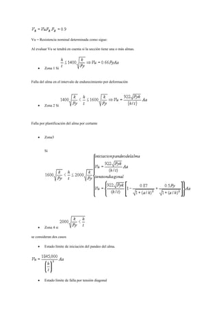 Vu = Resistencia nominal determinada como sigue:
Al evaluar Vu se tendrá en cuenta si la sección tiene una o más almas.
 Zona 1 Si
Falla del alma en el intervalo de endurecimiento por deformación
 Zona 2 Si
Falla por plastificación del alma por cortante
 Zona3
Si
 Zona 4 si
se consideran dos casos
 Estado límite de iniciación del pandeo del alma.
 Estado límite de falla por tensión diagonal
 