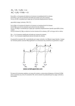 En (a) Mt1 es el momento de diseño en el extremo en consideración de la columna.
En (b) Mt1 es uno de los momentos de diseño que actúan en los dos extremos.
En (a) y (b) Mt1 es producto por cargas que no ocasionan desplazamientos laterales
apreciables (cargas verticales, CM, CV)
En (a) Mtp es el momento de diseño en el extremo en consideración de la columna.
En (b) Mtp es uno de los momentos que actúa en los dos extremos
En (a) y (b) Mtp es considerado por cargas que si producen desplazamientos laterales apreciables (sismo,
viento).
En (b) el término B2 Mtp se calcula en los dos extremos de la columna y M* es el mayor de los valores.
MUO = Es el momento amplificado de diseño por extremo de columna.
MUO* = Es el momento amplificado máximo de diseño de columna.
En general los momentos Mt1 son producidos por cargas verticales y los Mtp por cargas laterales. Aunque
las verticales pueden ocasionar Mtp significativos en estructuras muy asimétricas en geometría o cargas.
En marcos de estructuras regulares con muros de cortante y contraventeos desaparece el término B2Mtp
de las ecuaciones (a) y (b) y los momentos Mt1 será la suma de los producidos por las cargas verticales y
horizontales.
 