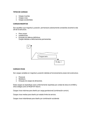 TIPOS DE CARGAS
 Cargas muertas
 Cargas vivas
 Cargas accidentales
CARGAS MUERTAS
Son aquellas cuya magnitud y posición, permanecen prácticamente constantes durante la vida
útil de la estructura.
 Peso propio.
 Instalaciones.
 Empujes de rellenos definitivos.
Cargas debidas a deformaciones permanentes.
CARGAS VIVAS
Son cargas variables en magnitud y posición debidas al funcionamiento propio de la estructura.
 Personal.
 Mobiliario.
 Empujes de cargas de almacenes.
Estas cargas se especifican como uniformemente repartidas por unidad de área en el ANSI y
otros códigos como el RCDF-87 título 6.
Cargas vivas máximas para diseño por carga gravitacional (combinación común).
Cargas vivas medias para diseño por estado límite de servicio.
Cargas vivas instantáneas para diseño por combinación accidental.
 