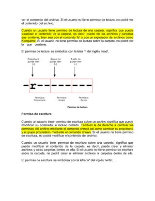 ver el contenido del archivo. Si el usuario no tiene permiso de lectura, no podrá ver
el contenido del archivo.
Cuando un usuario tiene permiso de lectura de una carpeta, significa que puede
visualizar el contenido de la carpeta, es decir, puede ver los archivos y carpetas
que contiene, bien sea con el comando 'ls' o con un explorador de archivos como
Konqueror. Si el usuario no tiene permiso de lectura sobre la carpeta, no podrá ver
lo que contiene.
El permiso de lectura se simboliza con la letra 'r' del inglés 'read'.
Permiso de lectura
Permiso de escritura
Cuando un usuario tiene permiso de escritura sobre un archivo significa que puede
modificar su contenido, e incluso borrarlo. También le da derecho a cambiar los
permisos del archivo mediante el comando chmod así como cambiar su propietario
y el grupo propietario mediante el comando chown. Si el usuario no tiene permiso
de escritura, no podrá modificar el contenido del archivo.
Cuando un usuario tiene permiso de escritura sobre una carpeta, significa que
puede modificar el contenido de la carpeta, es decir, puede crear y eliminar
archivos y otras carpetas dentro de ella. Si el usuario no tiene permiso de escritura
sobre la carpeta, no podrá crear ni eliminar archivos ni carpetas dentro de ella.
El permiso de escritura se simboliza con la letra 'w' del inglés 'write'.
 