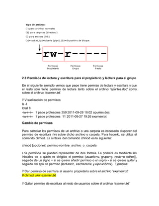 2.3 Permisos de lectura y escritura para el propietario y lectura para el grupo
En el siguiente ejemplo vemos que pepe tiene permiso de lectura y escritura y que
el resto solo tiene permiso de lectura tanto sobre el archivo 'apuntes.doc' como
sobre el archivo 'examen.txt'.
// Visualización de permisos
ls -l
total 8
-rw-r--r-- 1 pepe profesores 359 2011-09-28 18:02 apuntes.doc
-rw-r--r-- 1 pepe profesores 11 2011-09-27 19:26 examen.txt
Cambio de permisos
Para cambiar los permisos de un archivo o una carpeta es necesario disponer del
permiso de escritura (w) sobre dicho archivo o carpeta. Para hacerlo, se utiliza el
comando chmod. La sintaxis del comando chmod es la siguiente:
chmod [opciones] permiso nombre_archivo_o_carpeta
Los permisos se pueden representar de dos formas. La primera es mediante las
iniciales de a quién va dirigido el permiso (usuario=u, grupo=g, resto=o (other)),
seguido de un signo + si se quiere añadir permiso o un signo - si se quiere quitar y
seguido del tipo de permiso (lectura=r, escritura=w y ejecución=x). Ejemplos:
// Dar permiso de escritura al usuario propietario sobre el archivo 'examen.txt'
# chmod u+w examen.txt
// Quitar permiso de escritura al resto de usuarios sobre el archivo 'examen.txt'
 