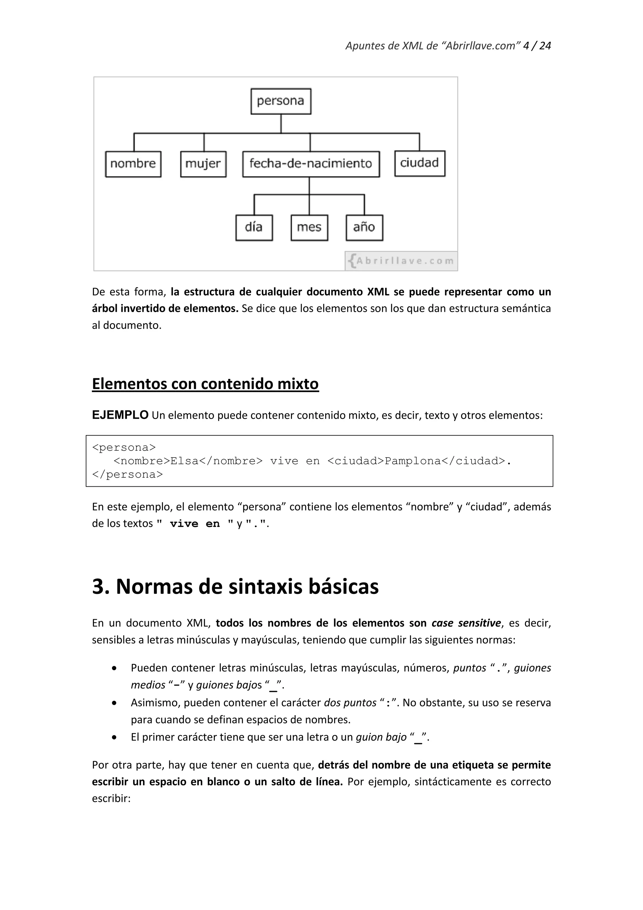 Apuntes de XML de “Abrirllave.com” 4 / 24
De esta forma, la estructura de cualquier documento XML se puede representar como un
árbol invertido de elementos. Se dice que los elementos son los que dan estructura semántica
al documento.
Elementos con contenido mixto
EJEMPLO Un elemento puede contener contenido mixto, es decir, texto y otros elementos:
<persona>
<nombre>Elsa</nombre> vive en <ciudad>Pamplona</ciudad>.
</persona>
En este ejemplo, el elemento “persona” contiene los elementos “nombre” y “ciudad”, además
de los textos " vive en " y ".".
3. Normas de sintaxis básicas
En un documento XML, todos los nombres de los elementos son case sensitive, es decir,
sensibles a letras minúsculas y mayúsculas, teniendo que cumplir las siguientes normas:
 Pueden contener letras minúsculas, letras mayúsculas, números, puntos “.”, guiones
medios “-” y guiones bajos “_”.
 Asimismo, pueden contener el carácter dos puntos “:”. No obstante, su uso se reserva
para cuando se definan espacios de nombres.
 El primer carácter tiene que ser una letra o un guion bajo “_”.
Por otra parte, hay que tener en cuenta que, detrás del nombre de una etiqueta se permite
escribir un espacio en blanco o un salto de línea. Por ejemplo, sintácticamente es correcto
escribir:
 