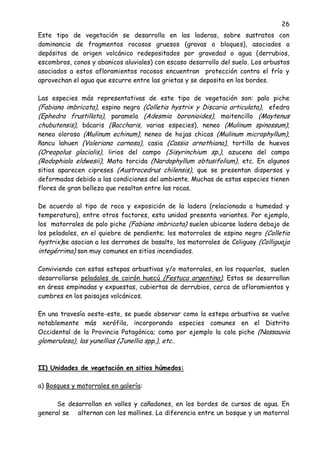 26
Este tipo de vegetación se desarrolla en las laderas, sobre sustratos con
dominancia de fragmentos rocosos gruesos (gravas o bloques), asociados a
depósitos de origen volcánico redepositados por gravedad o agua (derrubios,
escombros, conos y abanicos aluviales) con escaso desarrollo del suelo. Los arbustos
asociados a estos afloramientos rocosos encuentran protección contra el frío y
aprovechan el agua que escurre entre las grietas y se deposita en los bordes.
Las especies más representativas de este tipo de vegetación son: palo piche
(Fabiana imbricata), espino negro (Colletia hystrix y Discaria articulata), efedra
(Ephedra frustillata), paramela (Adesmia boronioides), maitencillo (Maytenus
chubutensis), bácaris (Baccharis, varias especies), neneo (Mulinum spinossum),
neneo oloroso (Mulinum echinum), neneo de hojas chicas (Mulinum microphyllum),
ñancu lahuen (Valeriana carnosa), casia (Cassia arnothiana), tortilla de huevos
(Oreopolus glacialis), lirios del campo (Sisyrinchium sp.), azucena del campo
(Rodophiala eldwesii), Mata torcida (Nardophyllum obtusifolium), etc. En algunos
sitios aparecen cipreses (Austrocedrus chilensis), que se presentan dispersos y
deformados debido a las condiciones del ambiente. Muchas de estas especies tienen
flores de gran belleza que resaltan entre las rocas.
De acuerdo al tipo de roca y exposición de la ladera (relacionada a humedad y
temperatura), entre otros factores, esta unidad presenta variantes. Por ejemplo,
los matorrales de palo piche (Fabiana imbricata) suelen ubicarse ladera debajo de
los peladales, en el quiebre de pendiente; los matorrales de espino negro (Colletia
hystrix)se asocian a los derrames de basalto, los matorrales de Coliguay (Colliguaja
integérrima) son muy comunes en sitios incendiados.
Conviviendo con estas estepas arbustivas y/o matorrales, en los roqueríos, suelen
desarrollarse peladales de coirón huecú (Festuca argentina). Estos se desarrollan
en áreas empinadas y expuestas, cubiertas de derrubios, cerca de afloramientos y
cumbres en los paisajes volcánicos.
En una travesía oeste-este, se puede observar como la estepa arbustiva se vuelve
notablemente más xerófila, incorporando especies comunes en el Distrito
Occidental de la Provincia Patagónica; como por ejemplo la cola piche (Nassauvia
glomerulosa), las yunellias (Junellia spp.), etc..
II) Unidades de vegetación en sitios húmedos:
a) Bosques y matorrales en galería:
Se desarrollan en valles y cañadones, en los bordes de cursos de agua. En
general se alternan con los mallines. La diferencia entre un bosque y un matorral
 