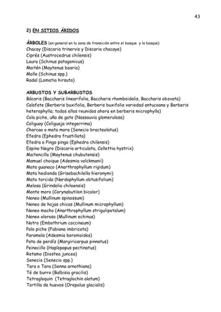 43
2) EN SITIOS ÁRIDOS
ÁRBOLES (en general en la zona de transición entre el bosque y la bosque)
Chacay (Discaria trinervis y Discaria chacaye)
Ciprés (Austrocedrus chilensis)
Laura (Schinus patagonicus)
Maitén (Maytenus boaria)
Molle (Schinus spp.)
Radal (Lomatia hirsuta)
ARBUSTOS Y SUBARBUSTOS
Bácaris (Baccharis linearifolia, Baccharis rhomboidalis, Baccharis obovata)
Calafate (Berberis buxifolia, Berberis buxifolia variedad antucoana y Berberis
heterophylla; todos ellos reunidos ahora en berberis microphylla)
Cola piche, uña de gato (Nassauvia glomerulosa)
Coliguay (Coliguaja integerrima)
Charcao o mata mora (Senecio bracteolatus)
Efedra (Ephedra frustillata)
Efedra o Pingo pingo (Ephedra chilensis)
Espino Negro (Discaria articulata, Collettia hystrix)
Maitencillo (Maytenus chubutensis)
Mamuel choique (Adesmia volckmanii)
Mata guanaco (Anarthrophyllum rigidum)
Mata hedionda (Grisebachilella hieronymi)
Mata torcida (Nardophyllum obtusifolium)
Melosa (Grindelia chiloensis)
Monte moro (Corynabutilon bicolor)
Neneo (Mullinum spinossum)
Neneo de hojas chicas (Mullinum microphyllum)
Neneo macho (Anarthrophyllum strigulipetalum)
Neneo oloroso (Mullinum echinus)
Notro (Embothrium coccineum)
Palo piche (Fabiana imbricata)
Paramela (Adesmia boronioides)
Pata de perdíz (Margiricarpus pinnatus)
Peinecillo (Haplopapus pectinatus)
Retamo (Diostea juncea)
Senecio (Senecio spp.)
Taro o Tara (Senna arnothiana)
Té de burro (Balbisia gracilis)
Tetragloquin (Tetraglochin alatum)
Tortilla de huevos (Orepolus glacialis)
 
