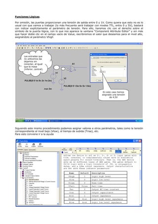 Funciones Lógicas.

Por omisión, las puertas proporcionan una tensión de salida entre 0 y 1V. Como quiera que esto no es lo
usual con que vamos a trabajar (lo más frecuente será trabajar con niveles TTL, entre 0 y 5V), bastará
con indicar explícitamente el parámetro de tensión. Para ello, haremos clic con el derecho sobre el
símbolo de la puerta lógica, con lo que nos aparece la ventana “Component Attribute Editor” y sin más
que hacer doble clic en el campo vacío de Value, escribiremos el valor que deseamos para el nivel alto,
asignándolo al parámetro Vhigh




       Las entradas que
       no utilicemos las
       dejamos sin
       conectar, al igual
       que la masa
       (inferior, central).




                                                                       En este caso hemos
                                                                      asignado una tensión
                                                                             de 4,5V




Siguiendo este mismo procedimiento podemos asignar valores a otros parámetros, tales como la tensión
correspondiente al nivel bajo (Vlow), el tiempo de subida (Trise), etc.
Para esto conviene ir a la ayuda
 