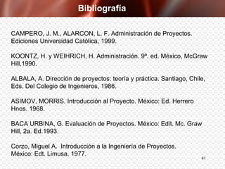 CAMPERO, J. M., ALARCON, L. F. Administración de Proyectos. Ediciones Universidad Católica, 1999. KOONTZ, H. y WEIHRICH, H. Administración. 9ª. ed. México, McGraw Hill,1990. ALBALA, A. Dirección de proyectos: teoría y práctica. Santiago, Chile, Eds. Del Colegio de Ingenieros, 1986. ASIMOV, MORRIS. Introducción al Proyecto. México: Ed. Herrero Hnos. 1968. BACA URBINA, G. Evaluación de Proyectos.  México: Edit. Mc. Graw Hill, 2a.  Ed.1993. Corzo, Miguel A.  Introducción a la Ingeniería de Proyectos. México: Edt. Limusa. 1977. Bibliografía 