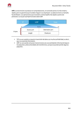 ResumenHCIA – Entry Teoría
#14
UPD: La transmisiónse produce sincomprobaciones,sinconexiónprevia.Esmássimple y
rápida,perono garantizaque losdatos lleguenose dupliquen. Lacabeceratiene untamaño
fijode 8 bytes.Las aplicacionesque neceistenundesempeñomásrápidousaráneste
protocolo.La vozpor ejemplofuncionasobre UDP.
 TCP se usa cuandose requiere trasmisión de datosconmuchaconfiabilidad,esdecir,
que no se pierdainformación.
 UDP se usacuando se buscan transmisionesconunacantidadde informaciónbajaen
lospaquetesyaltasvelocidadesde transferencia,aunquese puedanperderalgunos
paquetes.
 