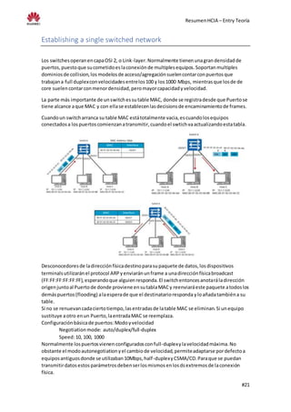 ResumenHCIA – Entry Teoría
#21
Establishing a single switched network
Los switchesoperanencapaOSI 2, o Link-layer.Normalmente tienenunagrandensidadde
puertos,puestoque sucometidoeslaconexiónde multiplesequipos.Soportanmultiples
dominiosde collision,los modelosde acceso/agregaciónsuelencontarconpuertosque
trabajana full duplexconvelocidadesentrelos100 y los1000 Mbps, mientrasque losde de
core suelencontarconmenordensidad,peromayorcapacidadyvelocidad.
La parte más importante de unswitchessutable MAC, donde se registradesde que Puertose
tiene alcance aque MAC y con ellase establecenlasdecisionsde encaminamientode frames.
Cuandoun switcharranca su table MAC estátotalmente vacia,escuandolosequipos
conectadosa lospuertoscomienzanatransmitir,cuandoel swtichvaactualizandoestatabla.
Desconocedoresde ladirecciónfísicadestinoparasupaquete de datos,losdispositivos
terminalsutilizaránel protocol ARPyenviaránunframe a unadirecciónfísicabroadcast
(FF:FF:FF:FF:FF:FF),esperandoque alguienresponda.El switchentoncesanotaráladirección
origenjuntoal Puertode donde proviene ensutablaMACy reenviaráeste paquete atodoslos
demáspuertos (flooding) alaesperade que el destinatarioresponda yloañadatambiéna su
table.
Si no se renuevancadaciertotiempo,lasentradasde latable MAC se eliminan.Si unequipo
sustituye aotro enun Puerto,laentradaMAC se reemplaza.
Configuraciónbásicade puertos:Modoyvelocidad
Negotiationmode: auto/duplex/full-duplex
Speed:10, 100, 1000
Normalmente lospuertosvienen configuradosconfull-duplexylavelocidadmáxima.No
obstante el modoautonegotiationyel cambiode velocidad,permiteadaptarse pordefectoa
equiposantiguosdonde se utilizaban10Mbps,half-duplexyCSMA/CD.Paraque se puedan
transmitirdatosestos parámetrosdebenserlosmismosenlosdsextremosde laconexión
física.
 