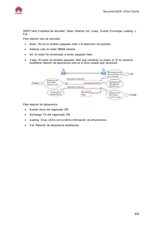 ResumenHCIA – Entry Teoría
#30
OSPF tiene 8 estados de vecindad: Down, Attempt, Init, 2-way, Exstart, Exchange, Loading, y
Full.
Para relación solo de vecindad:
 Down: No se ha recibido paquetes hello o el dead-time ha expirado.
 Attempt: solo en redes NBMA network.
 Init: El router ha comenzado a recibir paquetes hello.
 2-way: El router ha recibido paquetes hello que contienen su propio id. Si no necesita
establecer relación de adyacencia este es el úlimo estado que alcanzará.
Para relación de adyacencia:
 Exstart: Inicio del negociado DR
 Exchange: Fin del negorciado DR
 Loading: Envio LSA’s con la última información de enrutamiento.
 Full: Relación de adyacencia establecida.
 