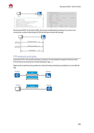 ResumenHCIA – Entry Teoría
#36
RenovaciónDHCP:Se efectúaal 50% del tiempo establecidode leasing.Si noocurre una
renovación,se dael rebindingal 12,5% del tiemporestante de leasing.
FTP protocol principles
El protocol FTPo file transferprotocol,se basaenlanecesidadde compartirficherosentre
elementosde localizacionesremotas(backups,logs,…)
Algunasde lasaplicacionespuedenserrealizar/restaurarbackupsoestablecerunservidorde
log.
 