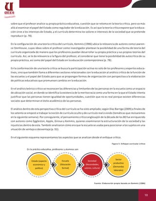 10
sobre que el profesor analice su propia práctica educativa, cuestión que se retoma en la teoría crítica, pero va más
allá al examinar el papel del Estado como regulador de la educación. Es así que la teoría crítica expone que la educa-
ción sirve a los intereses de Estado, y el currículo determina los valores e intereses de la sociedad que se pretende
reproducir (p. 78).
En la configuración de una teoría crítica del currículo, Kemmis (1986) ubica la relevancia de autores como Lawren-
ce Stenhouse, cuyas ideas sobre el profesor como investigador plantean la posibilidad de una forma de teoría del
currículo organizada de manera que los profesores puedan desarrollar su propia práctica y sus propias teorías del
currículo. Así, se le da relevancia a la figura del profesor, al considerar que tiene la posibilidad de autocrítica de su
propia práctica, así como del papel del Estado en la educación contemporánea (p. 78).
En la conformación de una teoría crítica se busca la participación activa no solo de los profesores y expertos educa-
tivos, sino que también llama a diferentes sectores relacionados con la educación al análisis crítico de la función de
las escuelas y el papel del Estado para que se propongan formas de organización con perspectiva a la elaboración
de políticas educativas que promuevan cambios en la educación.
En el análisis teórico crítico se reconocen las diferencias y limitantes de las personas en la escuela como un espacio
de ubicación social, en donde se identifica la existencia de la meritocracia como una forma en la que el Estado intenta
justificar que las personas tienen igualdad de oportunidades, cuestión que no es real porque existen diferencias
sociales que determinan el éxito académico de las personas.
El análisis dentro de esta perspectiva crítica del currículo se ha visto ampliado; según Díaz Barriga (2009) a finales de
los setenta se empezó a trabajar la noción de currículo oculto y de currículo real o vivido (temáticas que revisaremos
en la siguiente semana). Por consiguiente, el pensamiento crítico anglosajón de la década de los 80 fue enriquecido
con autores como Eggleston, Apple, Giroux y Kemmis, quienes examinaron la estructuración de la sociedad y las
injusticias dentro de esta. También analizaron cómo era que la escuela se usaba para posicionar a los sujetos en una
situación de ventaja o desventaja (p. 91).
En el siguiente esquema representamos los aspectos que se analizan desde el enfoque crítico.
Estado (aspecto
económico y
polí�co)
En la prác�ca educa�va, profesores y alumnos son
Escuela
(Educación
formal)
Sociedad
(Necesidades,
valores, cultura)
Sector
produc�vo
(Demandas
laborales)
Figura 3. Enfoque curricular crítico
Fuente: Elaboración propia basada en Kemmis (1986)
 