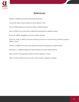 15
Referencias
Bobbitt, J. (1918) El currículo Cornell University Library
Casarini, M. (2013). Teoría y diseño curricular. México: Trillas
Díaz, Á. (2006). Didáctica y currículum. México: Paidós Educador.
Díaz, Á. (1993). El currículo escolar. Surgimiento y perspectivas. Argentina: Aique.
Pansza, M. (2005). Pedagogía y currículum. México: Gernika.
Picaso, N. y Ríos, A. (2012). Guía para el diseño curricular en instituciones de enseñanza superior.
México: Limusa
Kemmis, S. (1986). El currículum más allá de la teoría de la reproducción. España: Morata.
Stenhouse, L. I (1984) Investigación y desarrollo del currículum. Madrid: Morata
Tyler, R. (1973). Principios básicos del currículum. Argentina: Troquel.
Taba, H. (1974). Elaboración del currículo. Teoría y práctica. Argentina: Troquel.
 