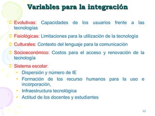 Variables para la integraci ó n Evolutivas:  Capacidades de los usuarios frente a las tecnologías Fisiológicas:  Limitaciones para la utilización de la tecnología Culturales:  Contexto del lenguaje para la comunicación Socioeconómico:  Costos para el acceso y renovación de la tecnología Sistema escolar :  Dispersión y número de IE Formación de los recurso humanos para la uso e incorporación, Infraestructura tecnológica Actitud de los docentes y estudiantes 