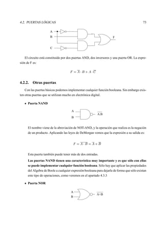 4.2. PUERTAS LÓGICAS 73
A
B
C
F
El circuito está constituido por dos puertas AND, dos inversores y una puerta OR. La expre-
sión de F es:
   £  
¢ § £  
 
4.2.2. Otras puertas
Con las puertas básicas podemos implementar cualquier función booleana. Sin embargo exis-
ten otras puertas que se utilizan mucho en electrónica digital.
Puerta NAND
A
B
A.B
El nombre viene de la abreviación de NOT-AND, y la operación que realiza es la negación
de un producto. Aplicando las leyes de DeMorgan vemos que la expresión a su salida es:
   £  
¢  £ § ¢
Esta puerta también puede tener más de dos entradas.
Las puertas NAND tienen una característica muy importante y es que sólo con ellas
se puede implementar cualquier función booleana. Sólo hay que aplicar las propiedades
del Algebra de Boole a cualquier expresión booleana para dejarla de forma que sólo existan
este tipo de operaciones, como veremos en el apartado 4.3.3
Puerta NOR
A
B
A+B
 