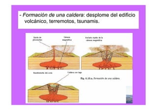 - Formación de una caldera: desplome del edificio
   volcánico, terremotos, tsunamis.
 