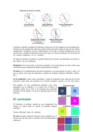 Armonizar, significa coordinar los diferentes valores que el color adquiere en una composición.
Cuando en una composición todos los colores tienen una parte común al resto de los colores
componentes. Armónicas son las combinaciones en las que se utilizan modulaciones de un
mismo tono, o también de diferentes tonos, pero que en su mezcla mantienen los unos parte de
los mismos pigmentos de los restantes.                                                        .

En todas las armonías cromáticas se pueden observar tres colores: uno dominante, otro tónico y
por último otro de mediación.                                                                 .

Dominante: Es el mas neutro y de mayor extensión, sirve para destacar los otros colores que
conforman nuestra composición gráfica, especialmente al opuesto.

El tónico: Es el complementario del color de dominio, es el mas potente en color y valor, y el
que se utiliza como nota de animación o audacia en cualquier elemento (alfombra, cortina ,
etc.).                                                                            )

El de mediación: Actúa como conciliador y modo de transición entre cada uno de los dos
anteriores, suele tener una situación en el circulo cromático cercano a la de color tónico.

Por ejemplo: en una composición armónica cuyo color
dominante sea el amarillo, y el violeta sea el tónico, el
mediador puede ser el rojo si la sensación que queremos
transmitir sea de calidez, o un azul si queremos que sea mas
bien fría.


El contraste
El Contraste se produce cuando en una composición los
colores no tienen nada en común no guardan ninguna
similitud.

Existen diferentes tipos de contraste:                       :

De tono: Cuando utilizamos diversos tonos cromáticos, es el
mismo color de base pero en distinto nivel de luminosidad y
saturación.                                               .

                                                                                            10
 