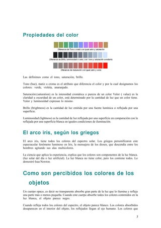 Propiedades del color




Las definimos como el tono, saturación, brillo.                                                .

Tono (hue), matiz o croma es el atributo que diferencia el color y por la cual designamos los
colores: verde, violeta, anaranjado.                                                         .

Saturación:(saturation) es la intensidad cromática o pureza de un color Valor ( value) es la
claridad u oscuridad de un color, está determinado por la cantidad de luz que un color tiene.
Valor y luminosidad expresan lo mismo.                                                      .

Brillo (brightness) es la cantidad de luz emitida por una fuente lumínica o reflejada por una
superficie.                                                                                  .

Luminosidad (lightness) es la cantidad de luz reflejada por una superficie en comparación con la
reflejada por una superficie blanca en iguales condiciones de iluminación.


El arco iris, según los griegos
El arco iris, tiene todos los colores del espectro solar. Los griegos personificaron este
espectacular fenómeno luminoso en Iris, la mensajera de los dioses, que descendía entre los
hombres agitando sus alas multicolores.                                                    .

La ciencia que aplica la experiencia, explica que los colores son componentes de la luz blanca.
(luz solar del día o luz artificial). La luz blanca no tiene color, pero los contiene todos. Lo
demostró Isaa Newton.



Como son percibidos los colores de los
    objetos
Un cuerpo opaco, es decir no transparente absorbe gran parte de la luz que lo ilumina y refleja
una parte más o menos pequeña. Cuando este cuerpo absorbe todos los colores contenidos en la
luz blanca, el objeto parece negro.                                                            .

Cuando refleja todos los colores del espectro, el objeto parece blanco. Los colores absorbidos
desaparecen en el interior del objeto, los reflejados llegan al ojo humano. Los colores que

                                                                                              3
 