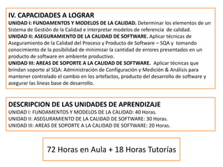 IV. CAPACIDADES A LOGRAR
UNIDAD I: FUNDAMENTOS Y MODELOS DE LA CALIDAD. Determinar los elementos de un
Sistema de Gestión de la Calidad e interpretar modelos de referencia de calidad.
UNIDAD II: ASEGURAMIENTO DE LA CALIDAD DE SOFTWARE. Aplicar técnicas de
Aseguramiento de la Calidad del Proceso y Producto de Software – SQA y tomando
conocimiento de la posibilidad de minimizar la cantidad de errores presentados en un
producto de software en ambiente productivo.
UNIDAD III: AREAS DE SOPORTE A LA CALIDAD DE SOFTWARE. Aplicar técnicas que
brindan soporte al SQA: Administración de Configuración y Medición & Análisis para
mantener controlado el cambio en los artefactos, producto del desarrollo de software y
asegurar las líneas base de desarrollo.


DESCRIPCION DE LAS UNIDADES DE APRENDIZAJE
UNIDAD I: FUNDAMENTOS Y MODELOS DE LA CALIDAD: 40 Horas.
UNIDAD II: ASEGURAMIENTO DE LA CALIDAD DE SOFTWARE: 30 Horas.
UNIDAD III: AREAS DE SOPORTE A LA CALIDAD DE SOFTWARE: 20 Horas.



                72 Horas en Aula + 18 Horas Tutorías
 