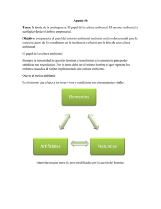 Apunte #6
Tema: la teoría de la contingencia. El papel de la cultura ambiental. El entorno ambiental y
ecológico desde el ámbito empresarial.
Objetivo: comprender el papel del entorno ambiental mediante análisis documental para la
concienciación de los estudiantes en la incidencia o efectos por la falta de una cultura
ambiental.
El papel de la cultura ambiental
Siempre la humanidad ha querido dominar y transformas a la naturaleza para poder
satisfacer sus necesidades. Por lo tanto debe ser el mismo hombre el que regenere los
embates causados al hábitat implementado una cultura ambiental.
Que es el medio ambiente
Es el entorno que afecta a los seres vivos y condiciona sus circunstancias vitales.
Interrelacionadas entre sí, pero modificadas por la acción del hombre.
Elementos
NaturalesArtificiales
 